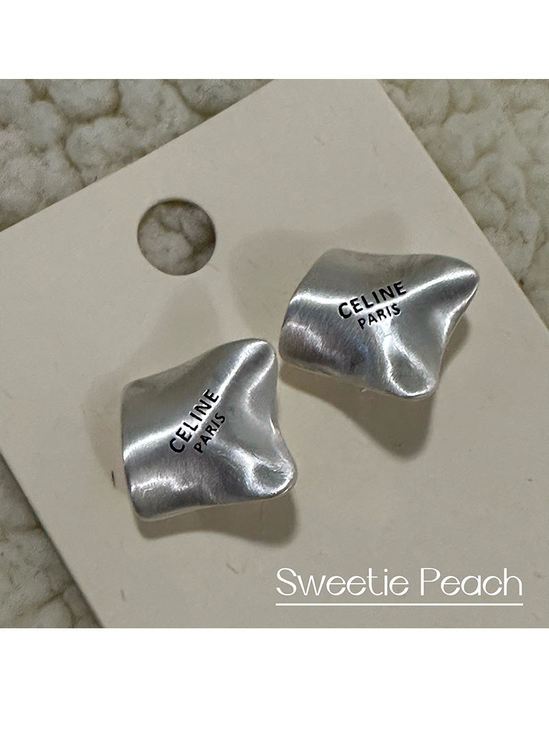 Irregular square metal letter brushed stud earrings