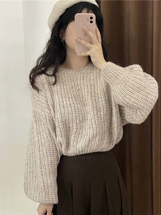 Versatil solid color round neck long sleeve slouchy sweater Sale