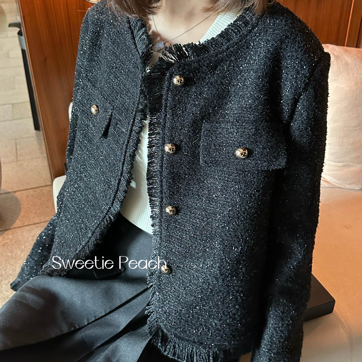 Premium celebrity style single breasted tweed jacket